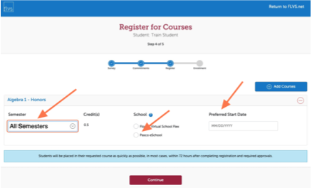 choose All Semesters, Pasco eSchool and the start date