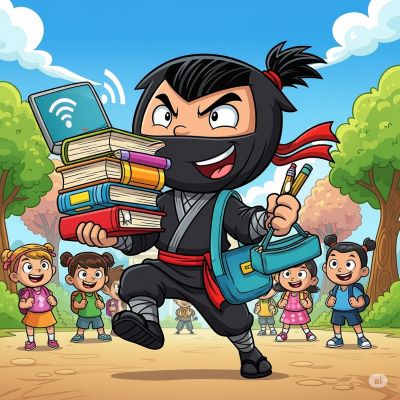 Picture of a Ninja holding books and a laptop.